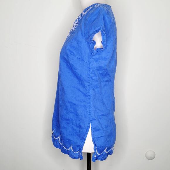 Sunny Leigh Sz S Blue Linen Top Mediterranean Vacation Travel Resort Lightweight - Picture 2 of 8